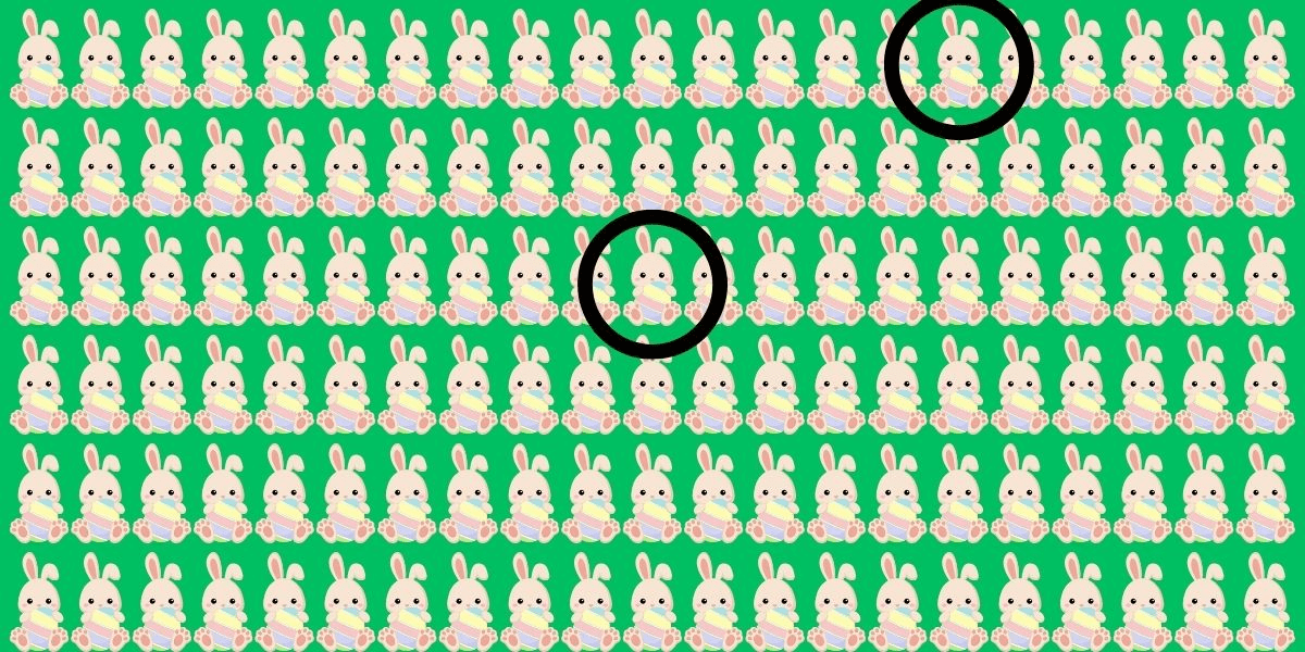 Spot the quirky Easter bunnies! Can you find the two odd ones out in 25 seconds or less?